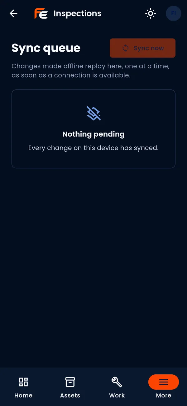 The mobile app's sync queue, where changes made offline wait and replay once a connection returns. It shows nothing pending.