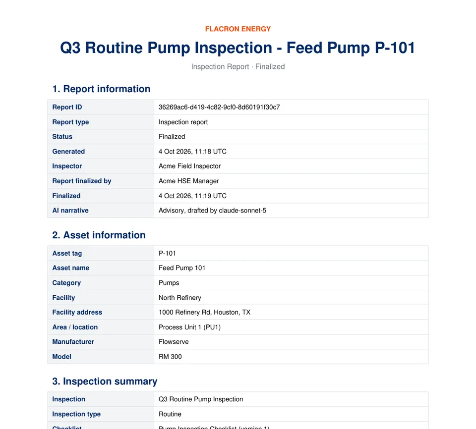 The first page of a finalized inspection report generated by Flacron Energy: report information including inspector, finalizer and AI model, asset details, and the inspection summary.