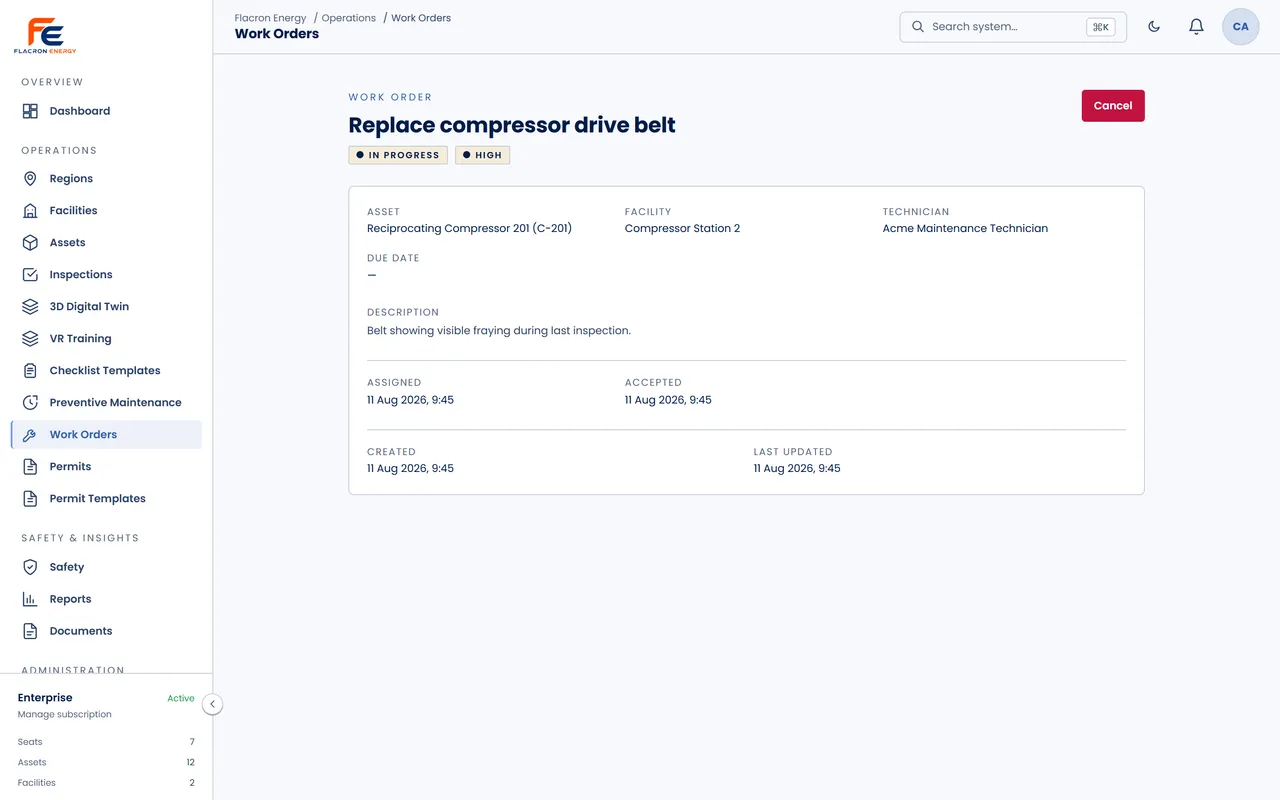 A work order in progress: the asset and facility it belongs to, the assigned technician, its priority, and when it was assigned and accepted.